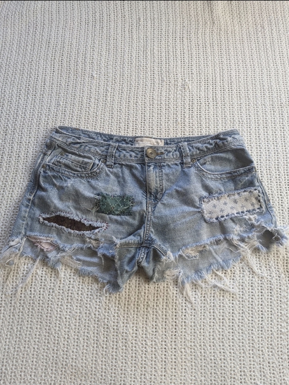 AEROPOSTALE Blue Denim Jean Cutoff Shorts ALTERED Women's 11/12 Handmade Patches
